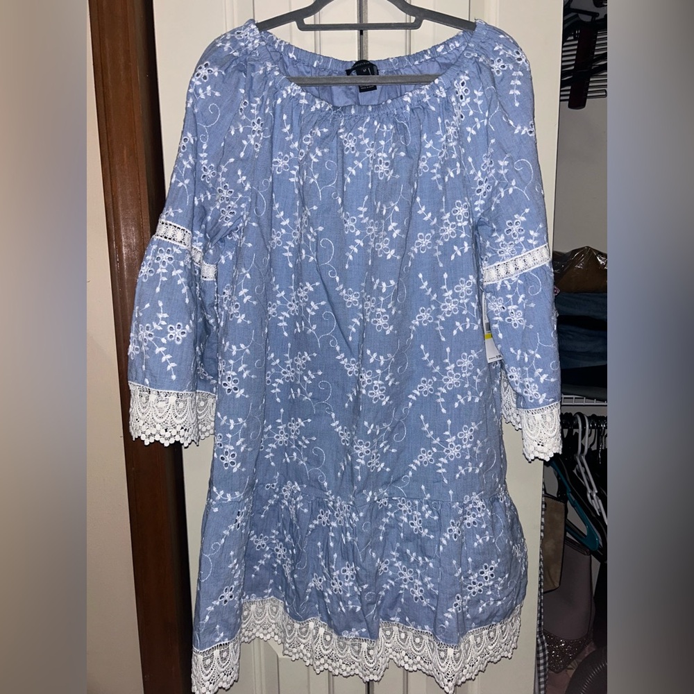 Karen Kane Blue Dress with White Floral Accents